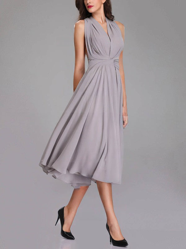 A-Line V-Neck Chiffon Tea-Length Bridesmaid Dress with Sashes & Ribbons