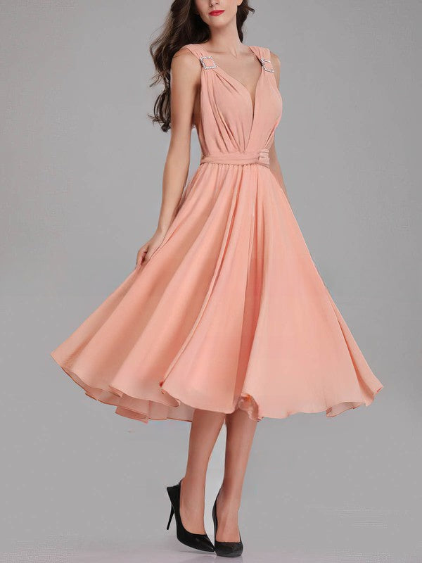 A-line V-neck Chiffon Tea-length Bridesmaid Dresses With Sashes and Ribbons