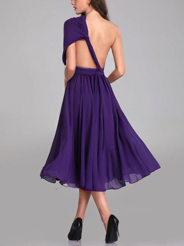 A-line One Shoulder Chiffon Tea-length Bridesmaid Dresses With Sashes / Ribbons