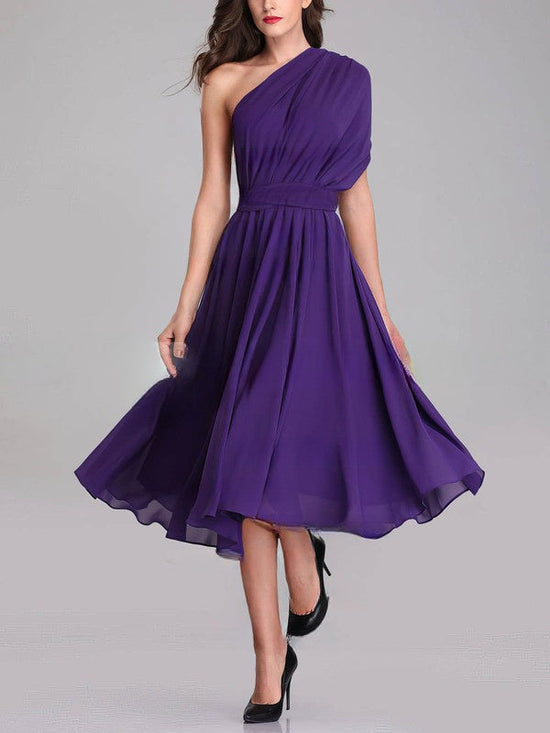 A-line One Shoulder Chiffon Tea-length Bridesmaid Dresses With Sashes / Ribbons