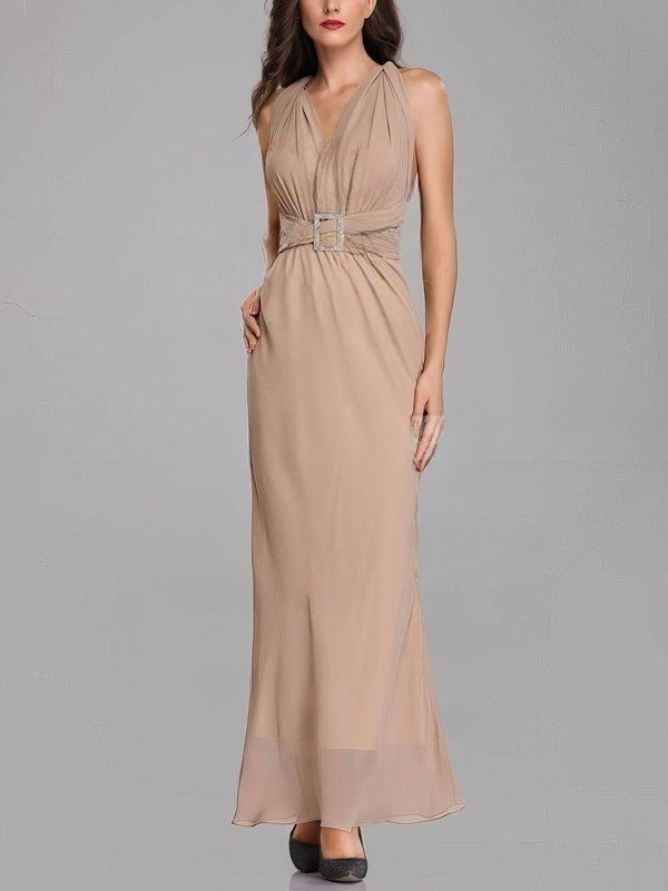 Beaded Sheath/Column V-neck Chiffon Bridesmaid Dresses for Ankle-length Style