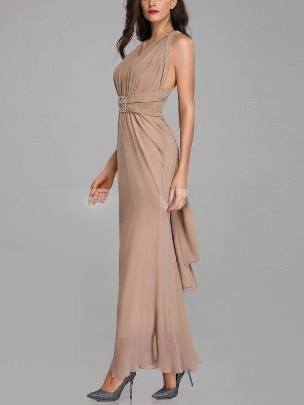 Beaded Sheath/Column V-neck Chiffon Bridesmaid Dresses for Ankle-length Style