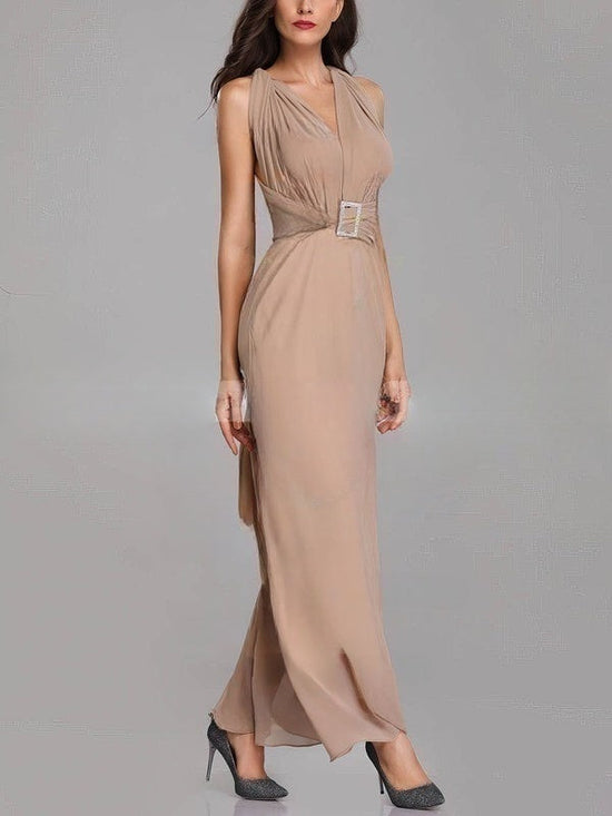 Beaded Sheath/Column V-neck Chiffon Bridesmaid Dresses for Ankle-length Style