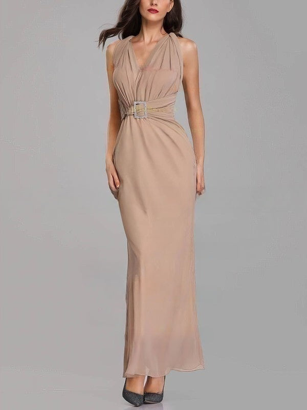 Beaded Sheath/Column V-neck Chiffon Bridesmaid Dresses for Ankle-length Style