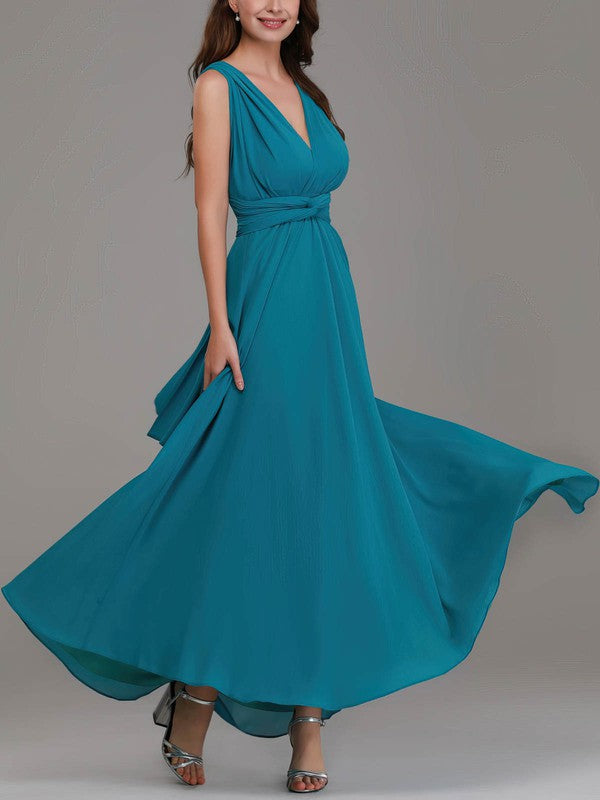 A-line V-neck Chiffon Ankle-length Bridesmaid Dresses With Sashes and Ribbons