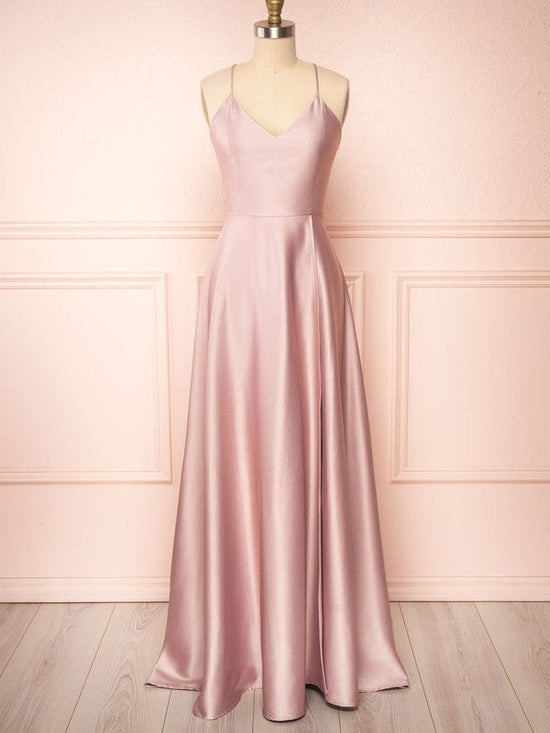 A-line V-neck Satin Floor-length Split Front Bridesmaid Dresses