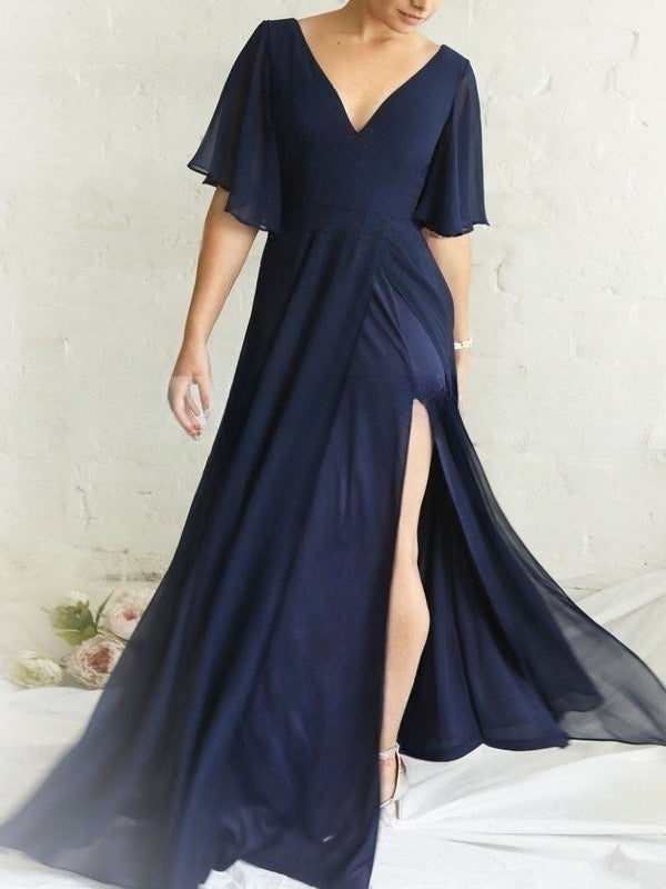 A-line V-neck Chiffon Floor-length Bridesmaid Dresses With Split Front