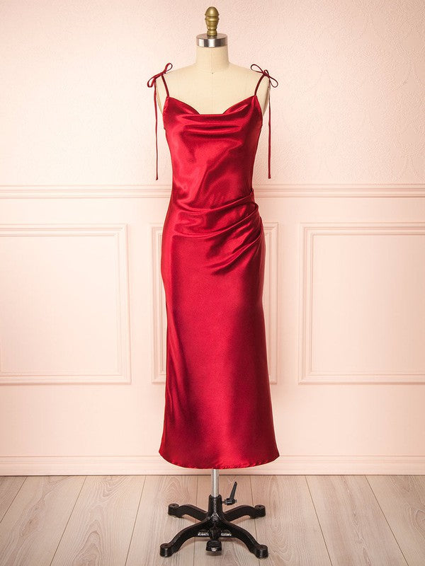 Silk-like Satin Tea-length Sheath/Column Cowl Neck Bridesmaid Dresses with Split Front