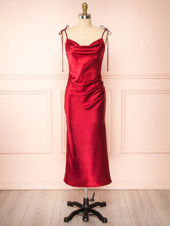 Silk-like Satin Tea-length Sheath/Column Cowl Neck Bridesmaid Dresses with Split Front