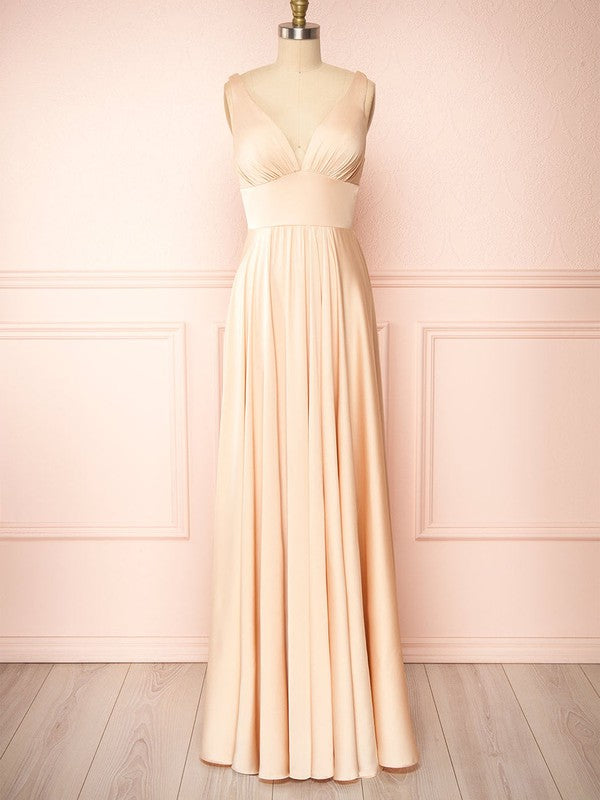 A-line V-neck Satin Floor-length Bridesmaid Dresses With Ruffles