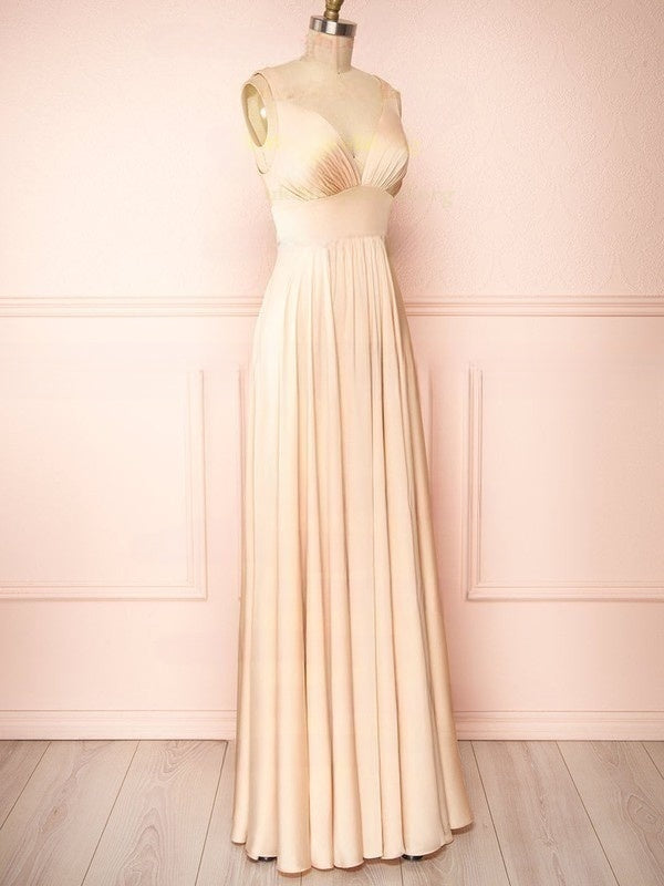 A-line V-neck Satin Floor-length Bridesmaid Dresses With Ruffles