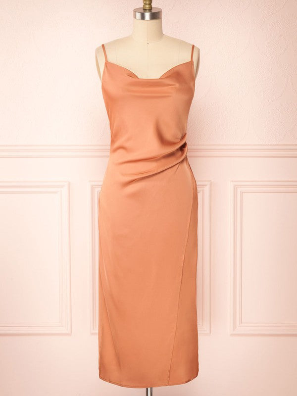 Sheath/Column Cowl Neck Bridesmaid Dresses in Silk-like Satin with Tea-length Split Front