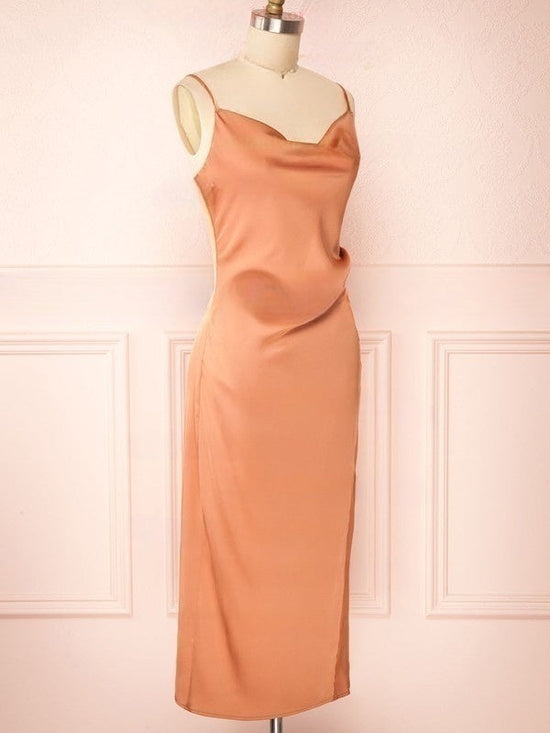 Sheath/Column Cowl Neck Bridesmaid Dresses in Silk-like Satin with Tea-length Split Front