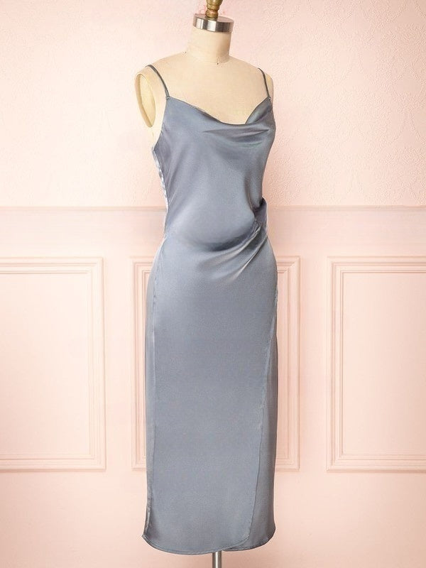 Silk-like Satin Tea-length Sheath/Column Cowl Neck Split Front Bridesmaid Dresses