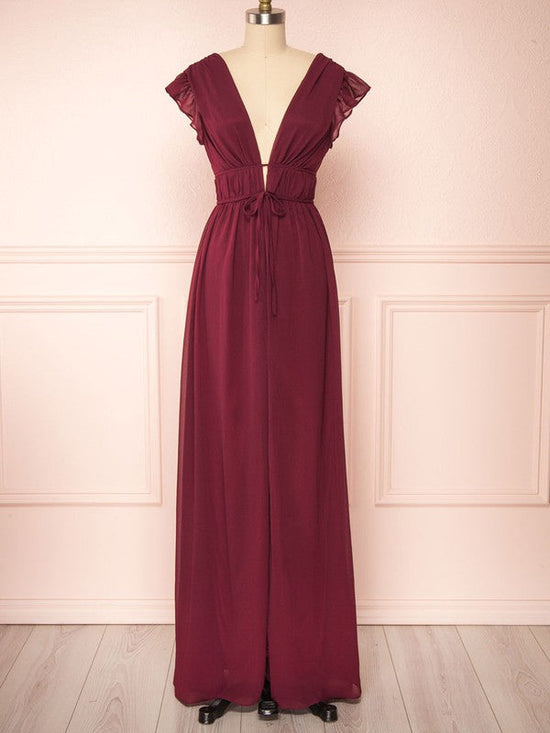 A-Line V-Neck Chiffon Floor-Length Bridesmaid Dress with Sashes / Ribbons