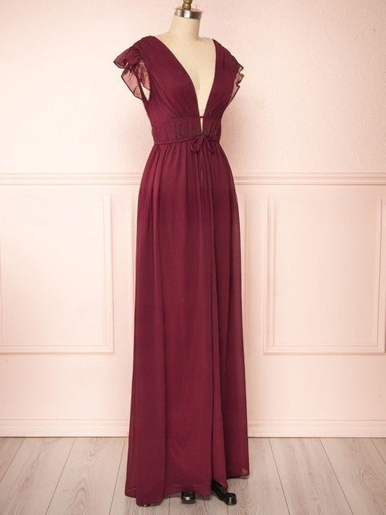 A-Line V-Neck Chiffon Floor-Length Bridesmaid Dress with Sashes / Ribbons