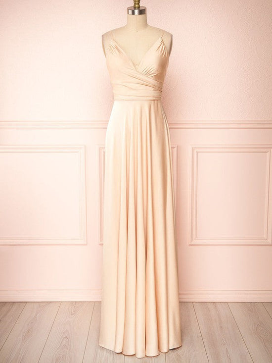 A-Line V-Neck Silk-Like Satin Floor-Length Ruffled Bridesmaid Dresses