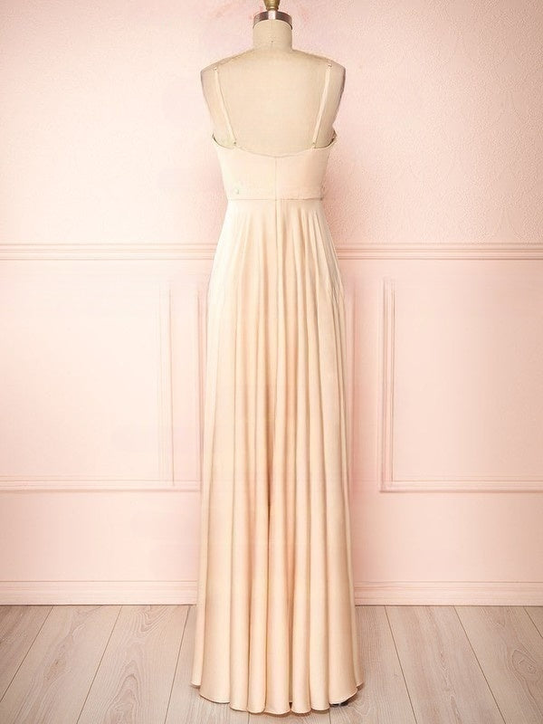 A-Line V-Neck Silk-Like Satin Floor-Length Ruffled Bridesmaid Dresses