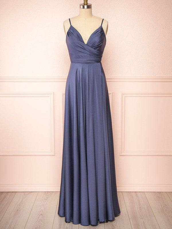 A-line V-neck Silk-like Satin Floor-length Ruffles Bridesmaid Dresses