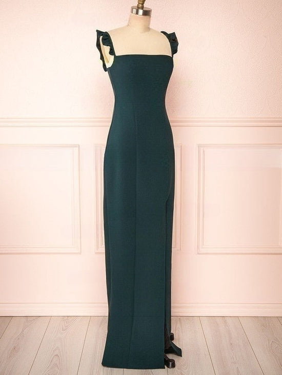 Square Neckline Sheath/Column Crepe Bridesmaid Dress with Split Front and Floor-length Skirt