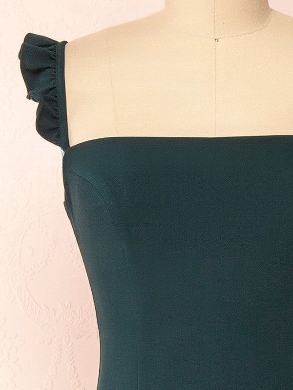 Square Neckline Sheath/Column Crepe Bridesmaid Dress with Split Front and Floor-length Skirt