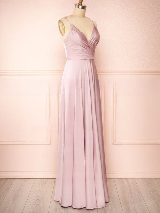 A-line V-neck Satin Floor-length Bridesmaid Dresses with Ruffles