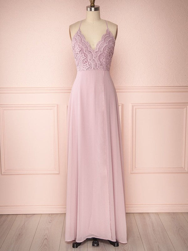 A-line V-neck Lace Chiffon Floor-length Split Front Bridesmaid Dresses