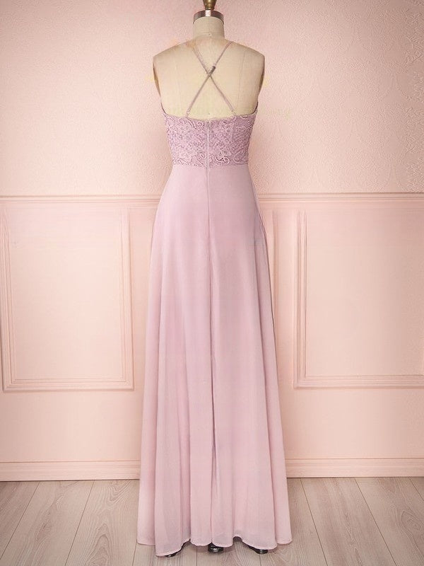 A-line V-neck Lace Chiffon Floor-length Split Front Bridesmaid Dresses