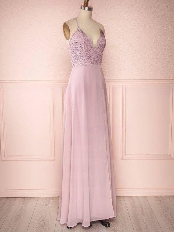 A-line V-neck Lace Chiffon Floor-length Split Front Bridesmaid Dresses