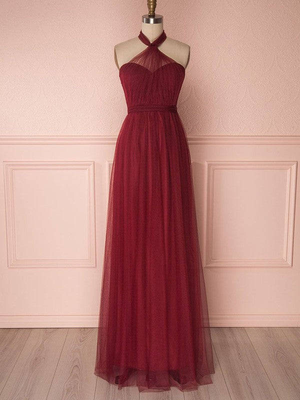 A-line Halter Tulle Floor-length Bridesmaid Dresses with Sashes / Ribbons