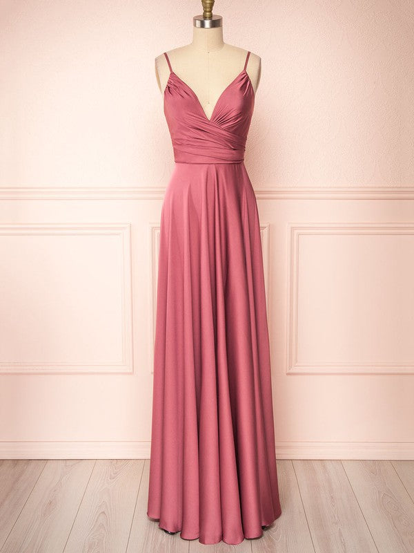 A-line V-neck Silk-like Satin Floor-length Ruffles Bridesmaid Dresses