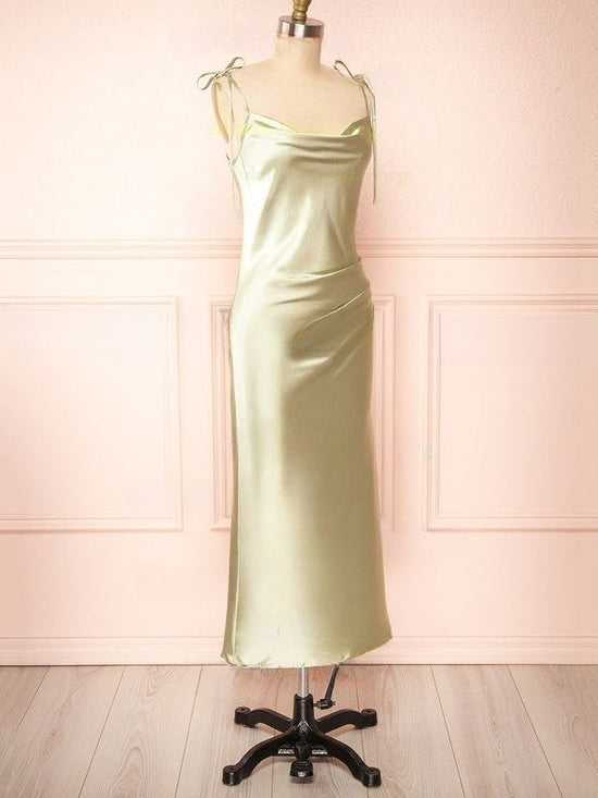 Beautiful Sheath/Column Cowl Neck Satin Tea-length Split Front Bridesmaid Dresses