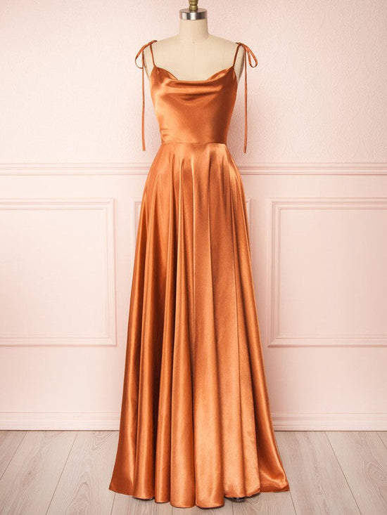 A-line Cowl Neck Silk-like Satin Sweep Train Bridesmaid Dresses