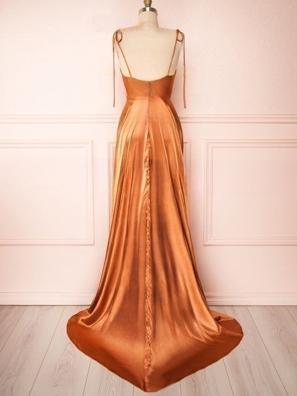 A-line Cowl Neck Silk-like Satin Sweep Train Bridesmaid Dresses