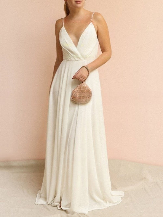 A-Line V-Neck Chiffon Floor-Length Ruffles Bridesmaid Dress