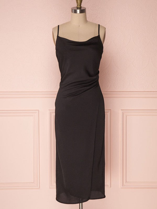 Elegant Chiffon Tea-length Sheath/Column Cowl Neck Split Front Bridesmaid Dresses