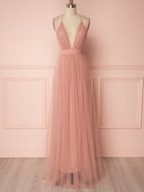 A-line V-neck Tulle Floor-length Ruffled Bridesmaid Dresses