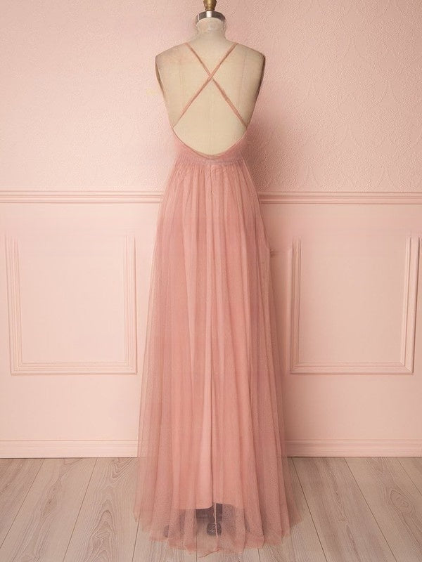 A-line V-neck Tulle Floor-length Ruffled Bridesmaid Dresses