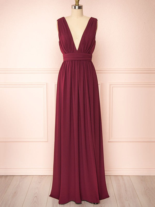 A-Line V-Neck Chiffon Floor-Length Bridesmaid Dresses with Ruffles