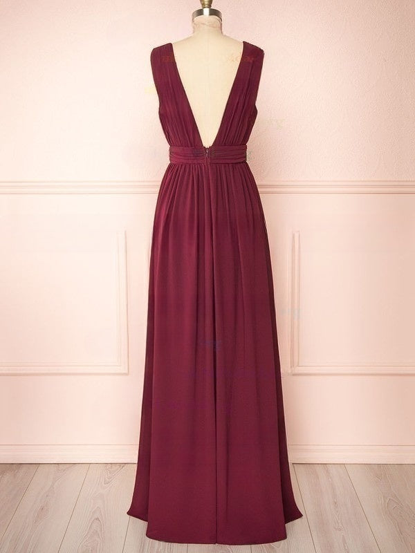 A-Line V-Neck Chiffon Floor-Length Bridesmaid Dresses with Ruffles