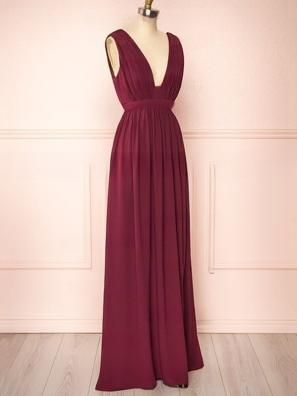 A-Line V-Neck Chiffon Floor-Length Bridesmaid Dresses with Ruffles