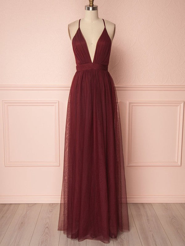 A-line V-neck Tulle Floor-length Bridesmaid Dresses with Sashes / Ribbons