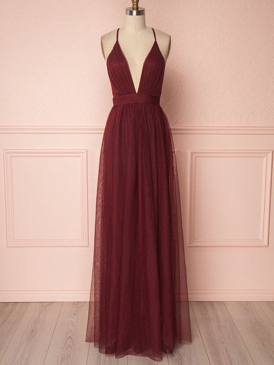 A-line V-neck Tulle Floor-length Bridesmaid Dresses with Sashes / Ribbons