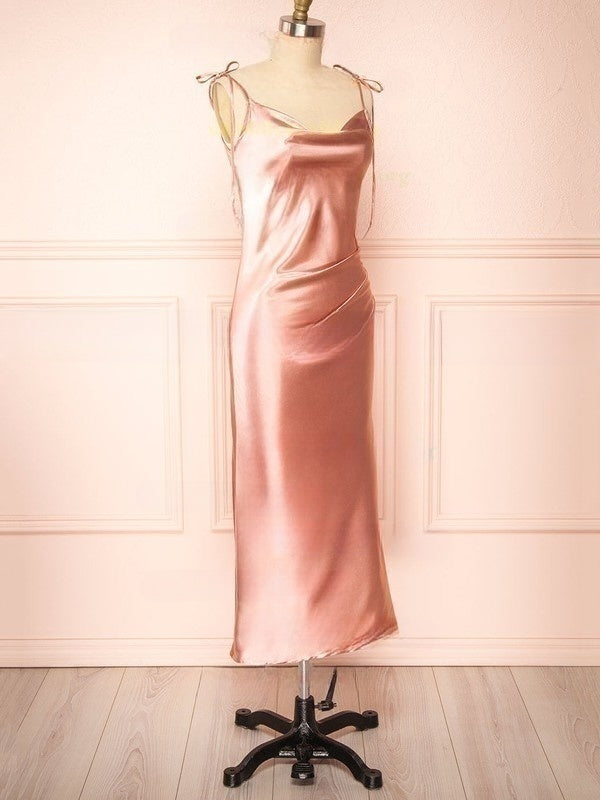 Silk-like Satin Tea-length Ruffles Bridesmaid Dress in Sheath/Column Cowl Neck