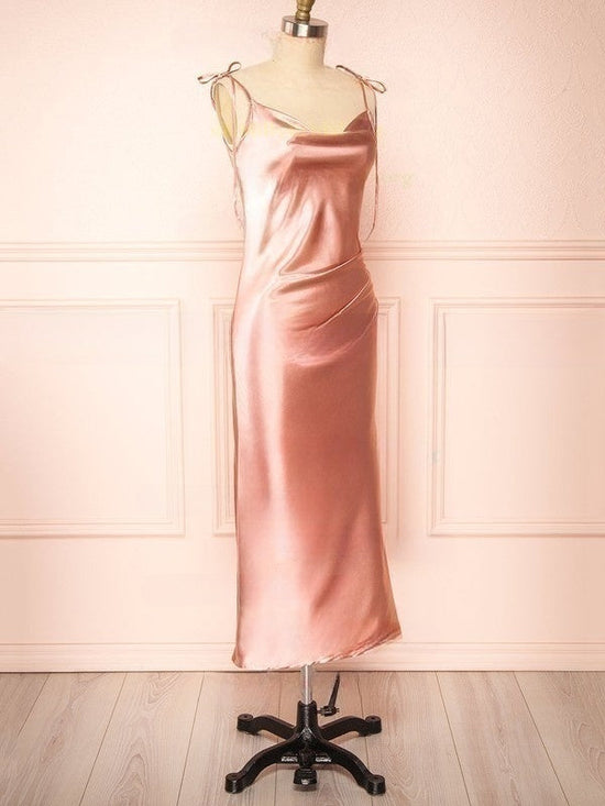 Silk-like Satin Tea-length Ruffles Bridesmaid Dress in Sheath/Column Cowl Neck