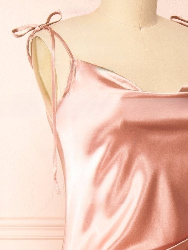 Silk-like Satin Tea-length Ruffles Bridesmaid Dress in Sheath/Column Cowl Neck