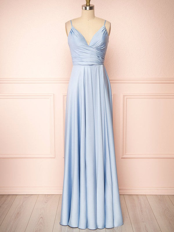 A-line V-neck Satin Bridesmaid Dresses with Floor-length Ruffles