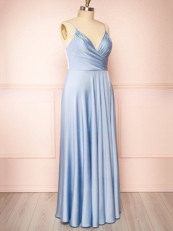 A-line V-neck Satin Bridesmaid Dresses with Floor-length Ruffles