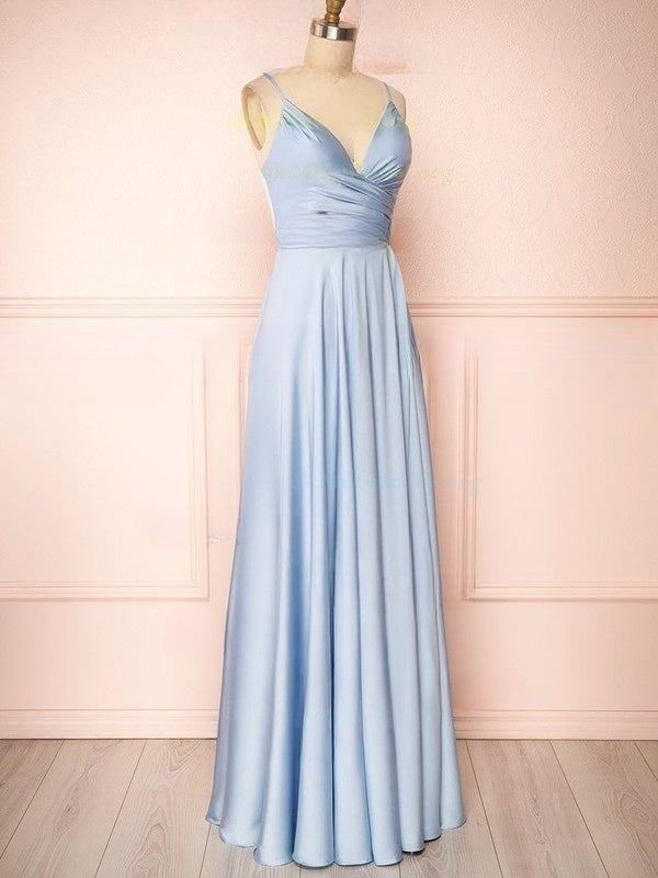 A-line V-neck Satin Bridesmaid Dresses with Floor-length Ruffles