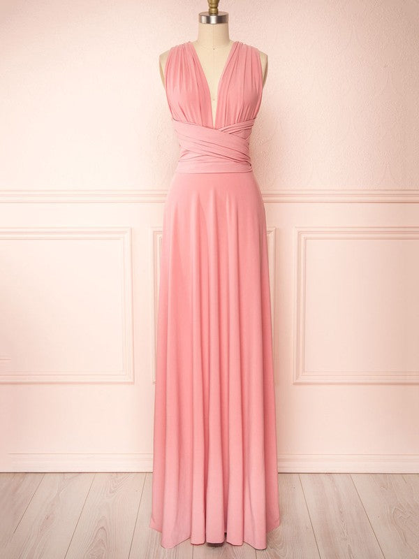 A-line V-neck Jersey Floor-length Bridesmaid Dresses With Sashes and Ribbons